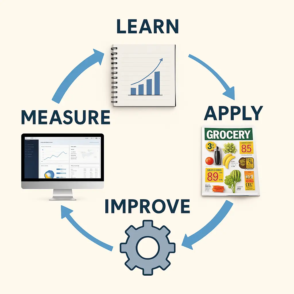 Unlock A Competitive Advantage With Data-Driven Content Optimization 2 A circular flowchart illustrating a continuous content optimization cycle with four stages: 'Learn' (represented by a notebook with a graph), 'Apply' (represented by a digital grocery catalog), 'Measure' (represented by a computer screen with a data dashboard), and 'Improve' (represented by a gear icon). The stages are connected by curved blue arrows, forming a clockwise loop on a light beige background.